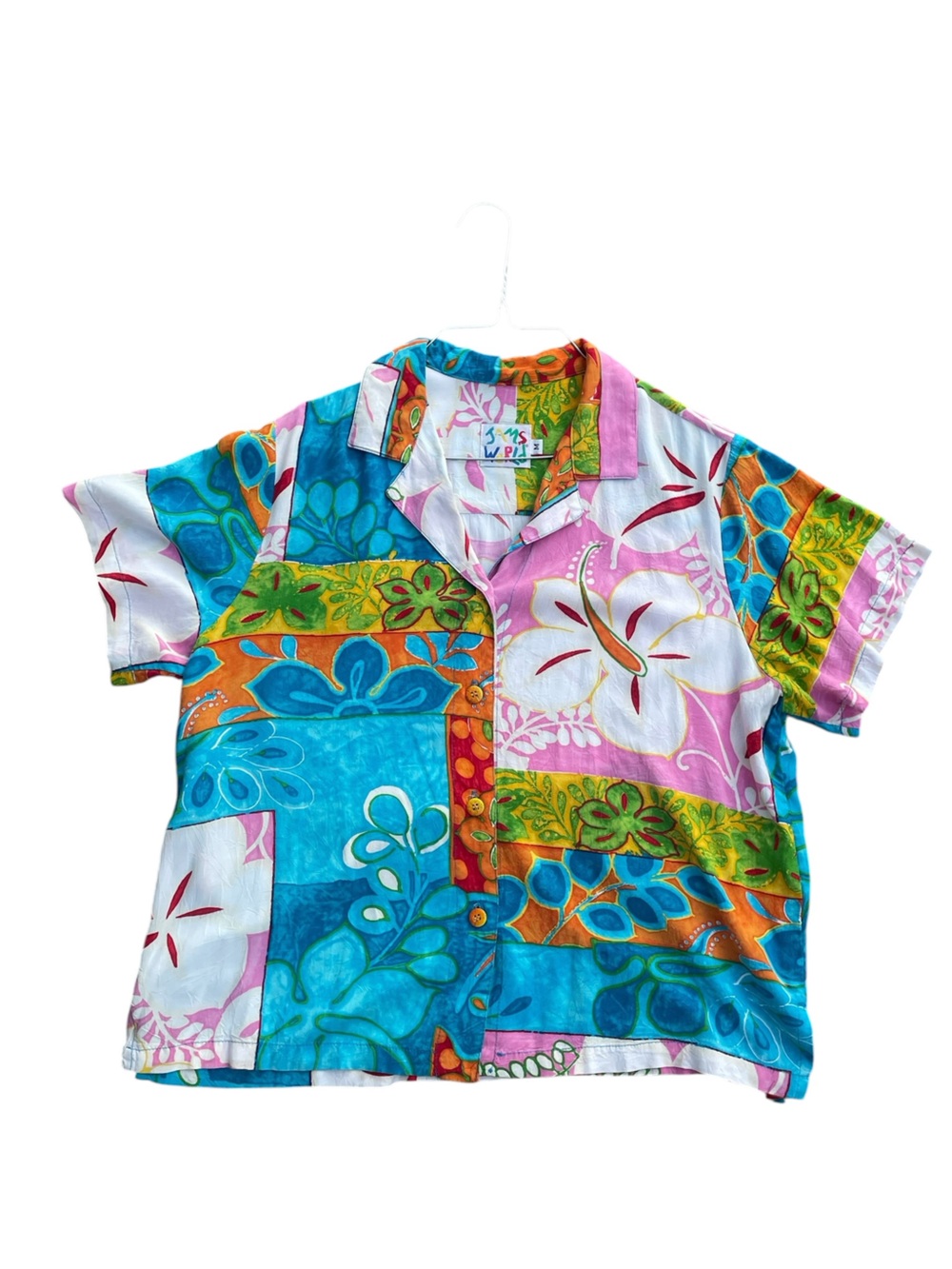 VTGJams World Tropical Hibiscus, Floral Button-Up, Patchwork Blouse, Size M, EUC